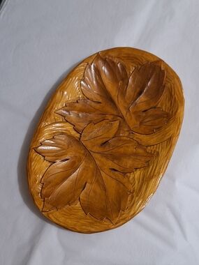 Vintage Hand Carved Wood Leaf Tray Plate